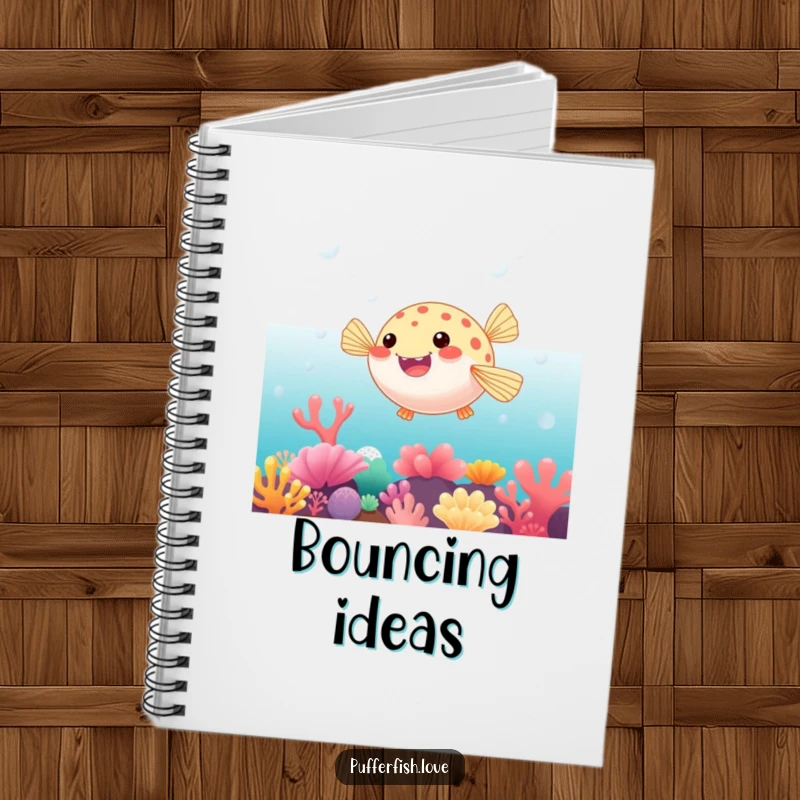 Funny Notebook featuring a pufferfish playfully bouncing on a vibrant coral reef, perfect for jotting down fun ideas.