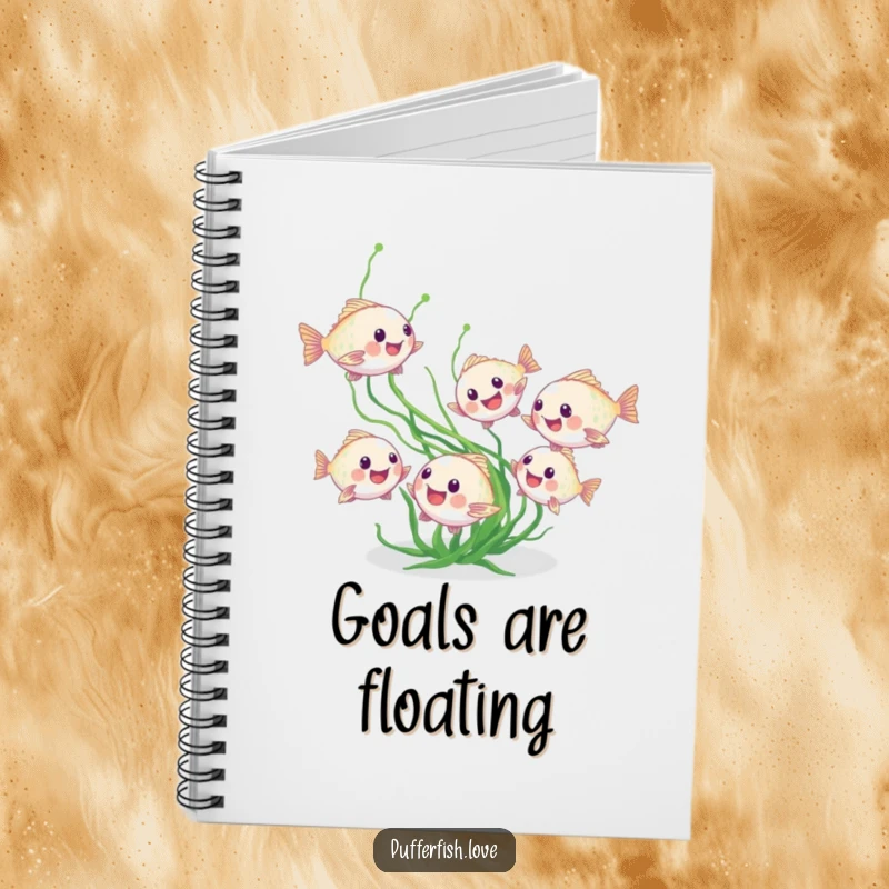 Funny pufferfish notebook, featuring tiny fish chasing seaweed, ideal for writing and creative thinking with marine humor, a funny gift.