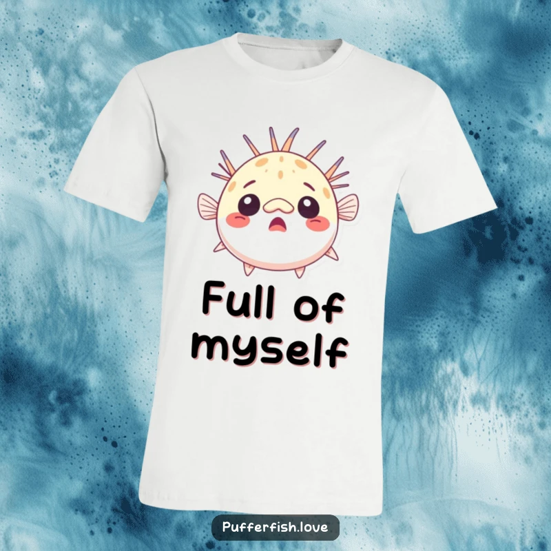 Funny surprised pufferfish t-shirt, comically round with raised fins, expressing pure astonishment, ideal for a funny gift.