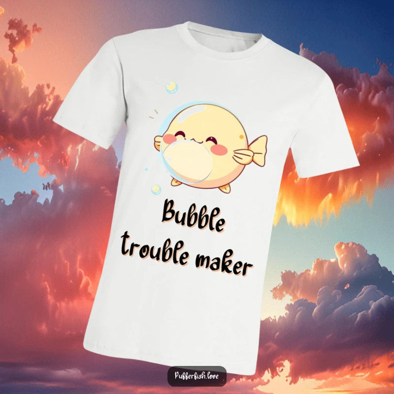 Funny pufferfish bubble t-shirt, showcasing a pufffish inflating around a bubble, embodying playful and lighthearted energy.