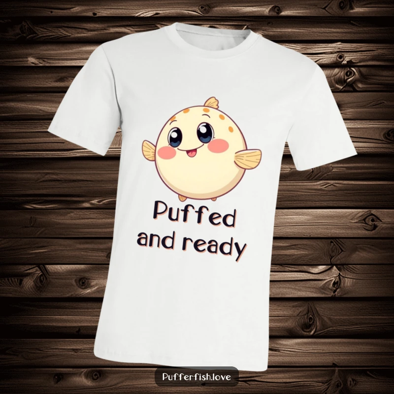 Funny T-Shirt featuring a round pufferfish wiggling enthusiastically, its big happy eyes radiating pure, unadulterated joy and silliness.