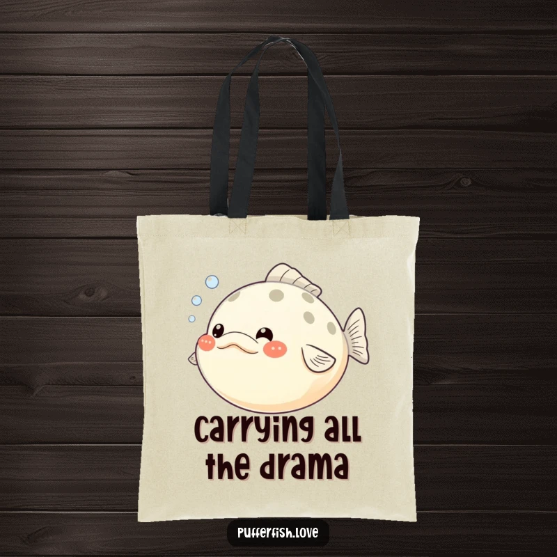 Funny Pufferfish Tote Bag: A round pufferfish with inflated cheeks, releasing tiny bubbles, perfect for carrying items with a humorous touch.