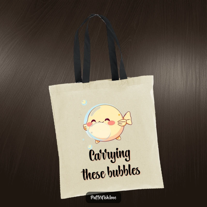Funny pufferfish bubble tote bag, depicting a pufferfish inflating around a shimmering bubble, perfect for carrying essentials with flair.