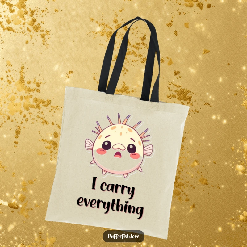 Funny surprised pufferfish tote bag, comically round and astonished, perfect for carrying items with a humorous touch, a great funny gift.